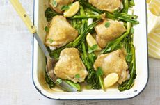 spring chicken tray bake with green vegetables