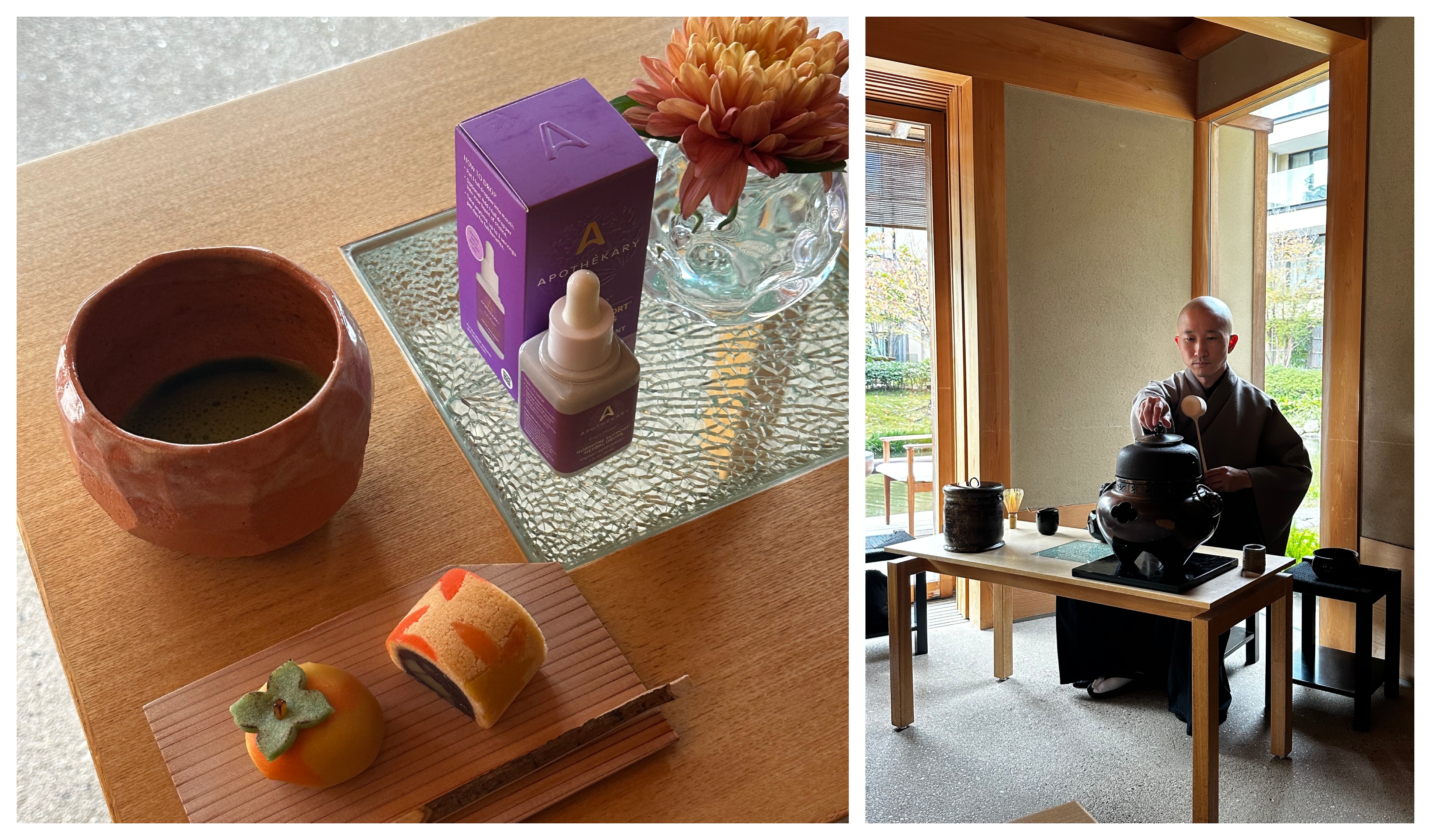 a japanese monk pouring green tea next to a plate of japanese sweets