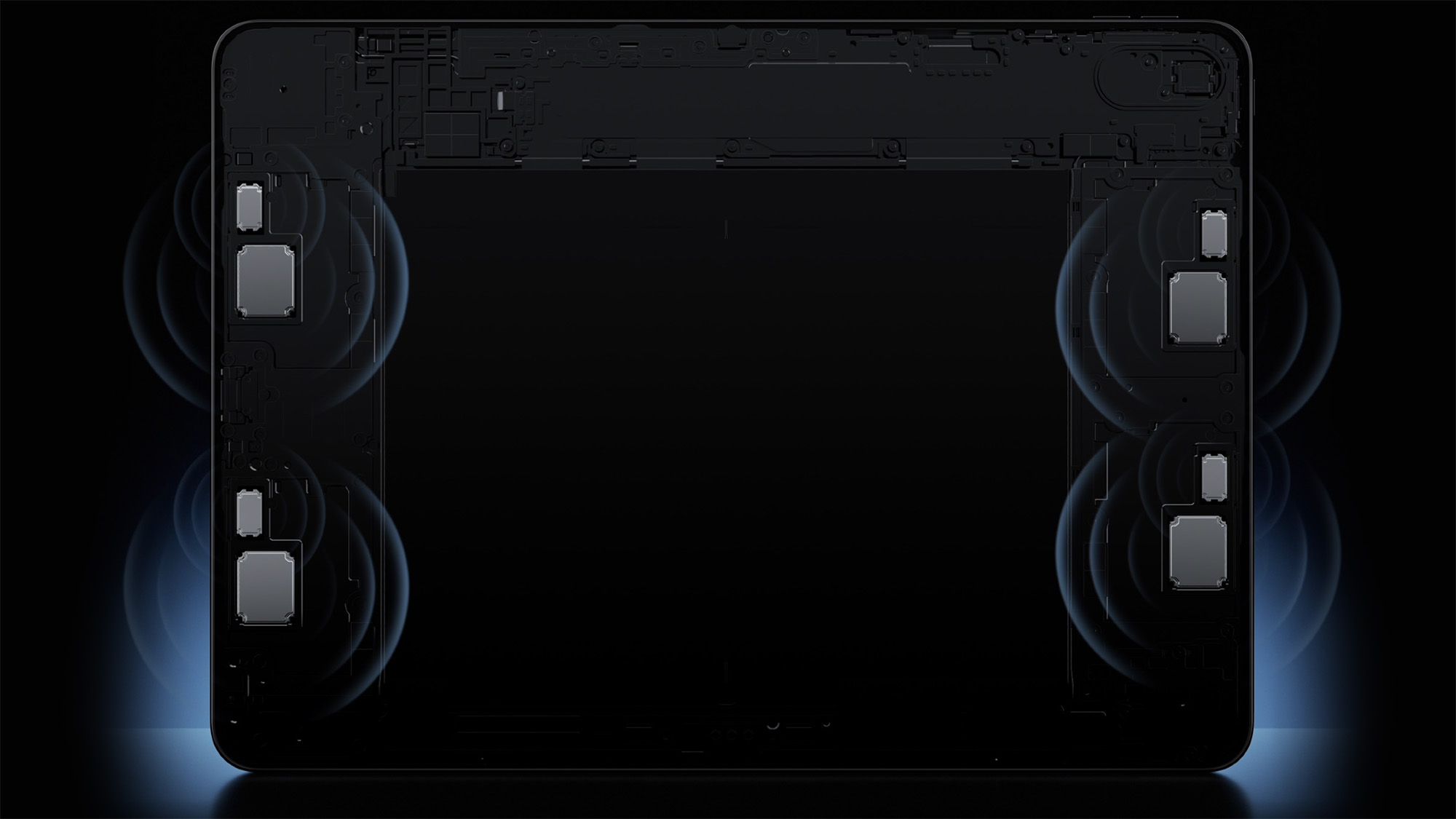 OnePlus Pad 3 graphic showing each of the eight speakers on black background