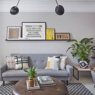 living room with grey sofa and house plants
