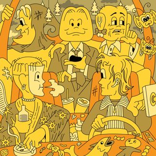 A a yellow and orange cartoon of people in a full car