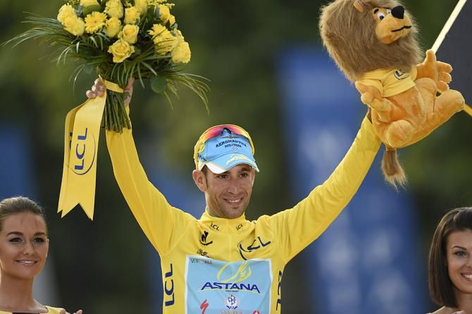 Vincenzo Nibali (Astana) raises his arms in victory at the 2014 Tour de France