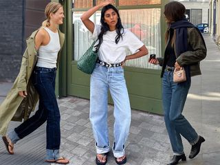 fashion collage of style influencers Monikh Dale and Anne-Laure Mais and model Laura Julie wearing outfits with cuffed jeans