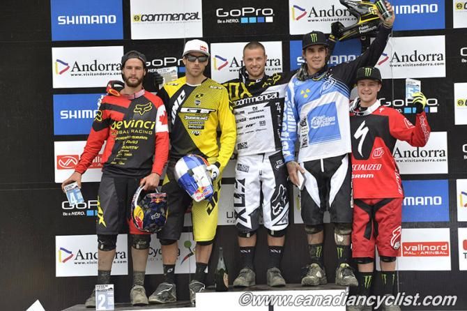 Men's downhill podium (L-R): Steve Smith, Gee Atherton, R&eacute;mi Thirion, Samuel Hill, Troy Brosnan