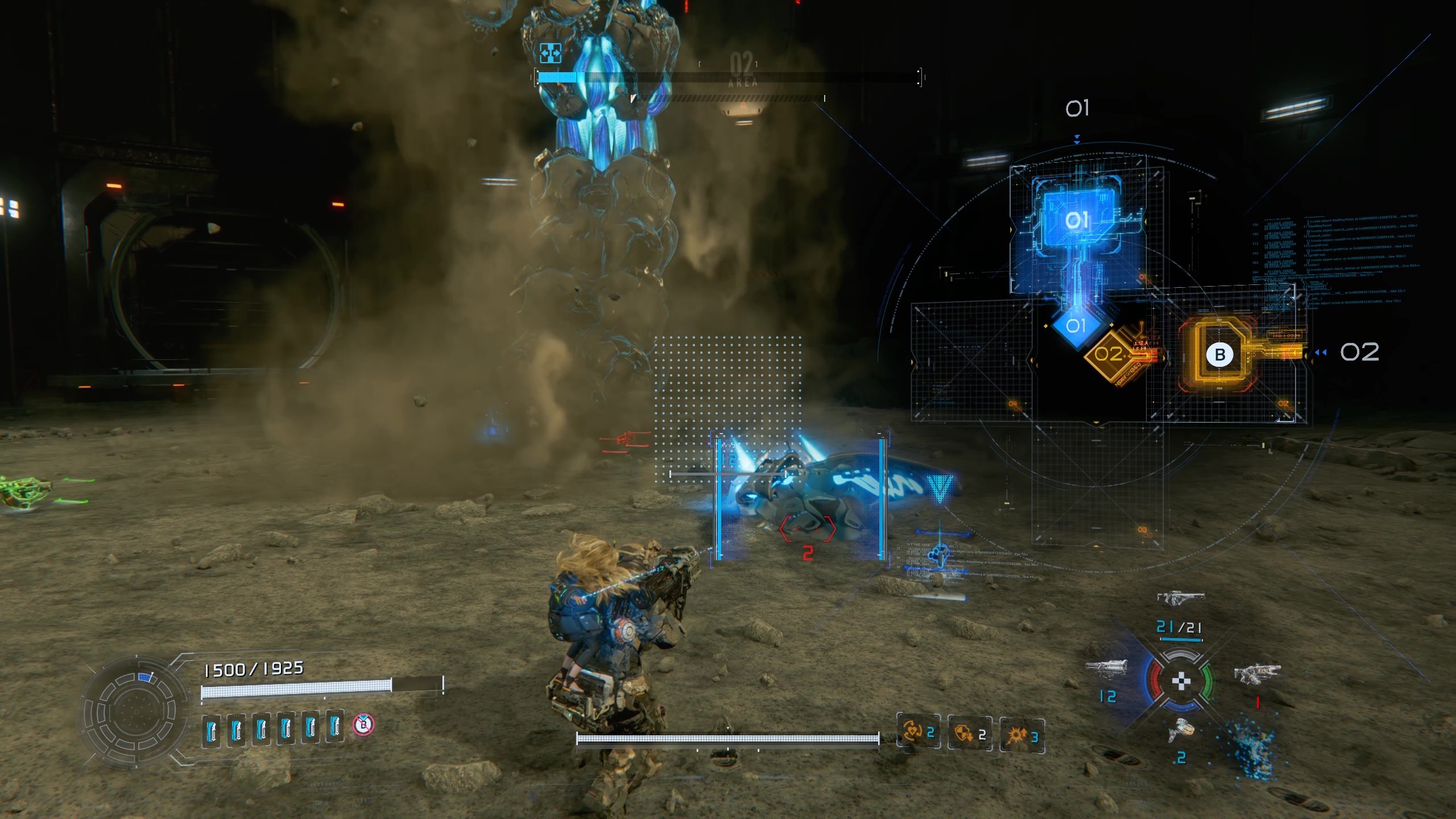 Pragmata Luna Digger: A player hacking a small blue drone on the ground.