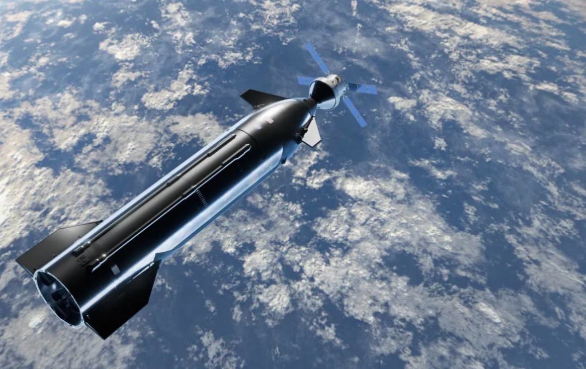 A giant chrome rocket and a small space capsule dock in low Earth orbit.