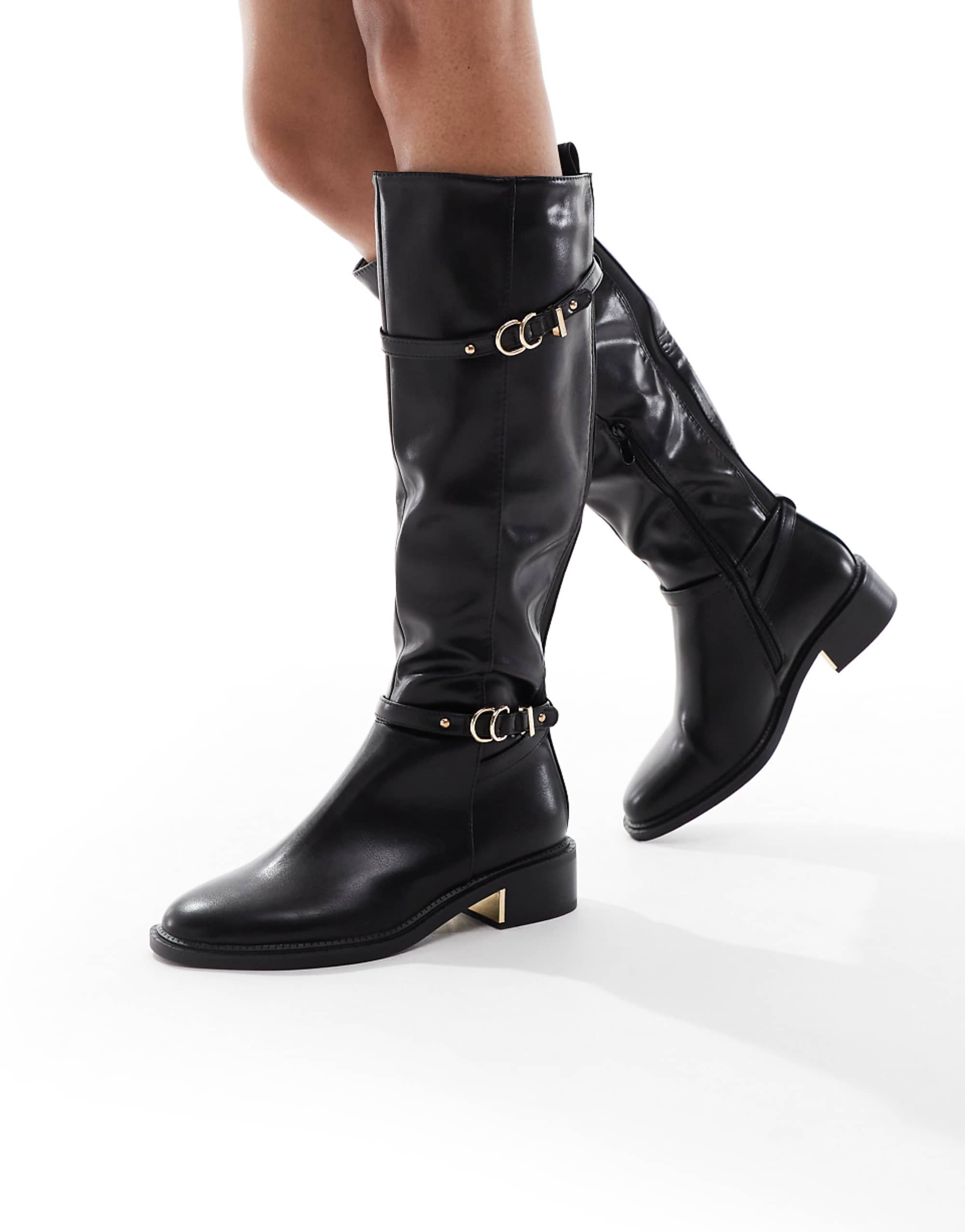 Seqwl Wide Fit Latte Buckle Detail Refined Riding Boots in Black