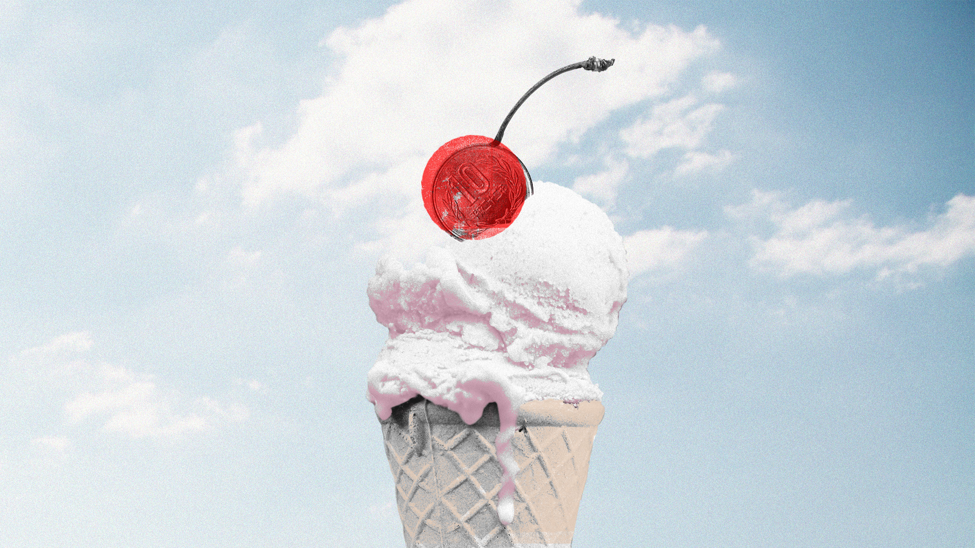 Photo collage of a melting ice cream cone with a 10 yen coin stuck into it like a cherry