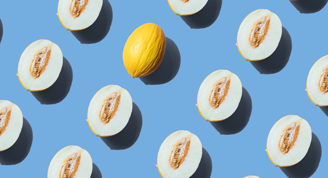 Rows of yellow melons on a blue background