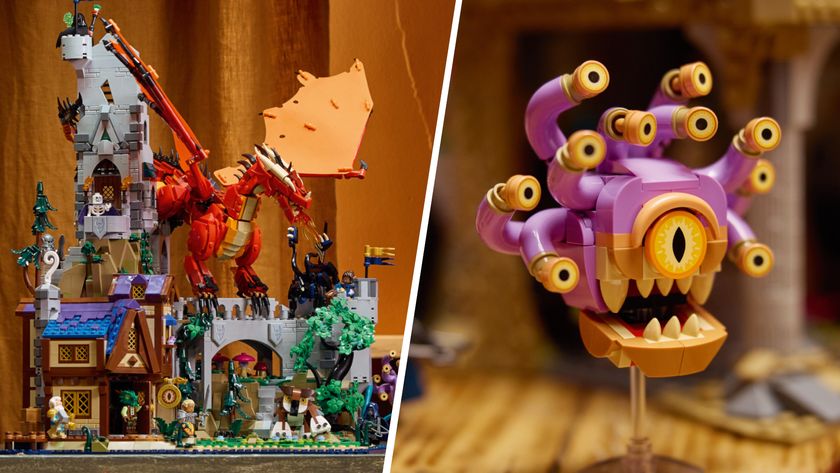 The full Lego Dungeons &amp; Dragons set with minifigures and red dragon, divided from a Lego Beholder by a white line