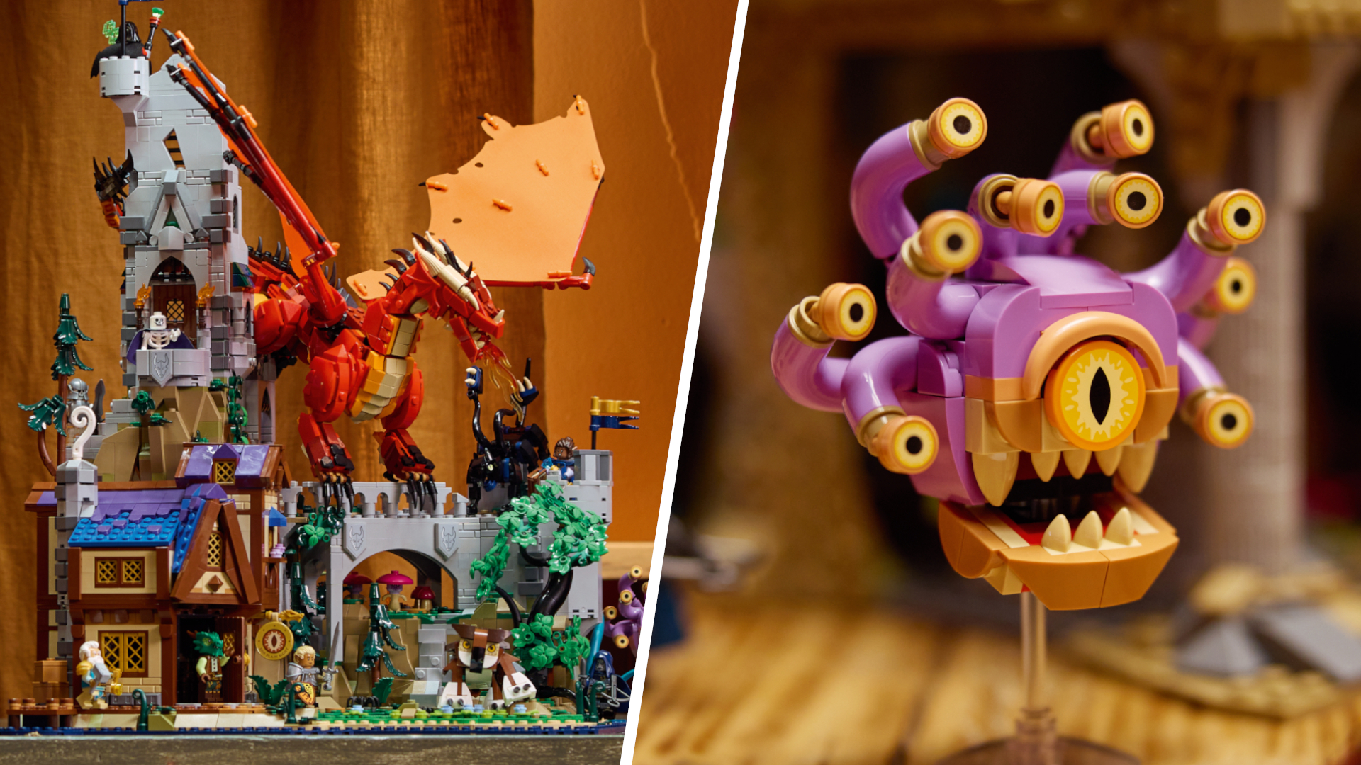 The full Lego Dungeons &amp; Dragons set with minifigures and red dragon, divided from a Lego Beholder by a white line