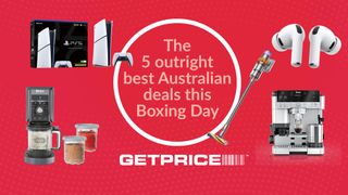 Red background with white writing in the middle that says The 5 outright best Australian deals this Boxing Day with scattered images of products