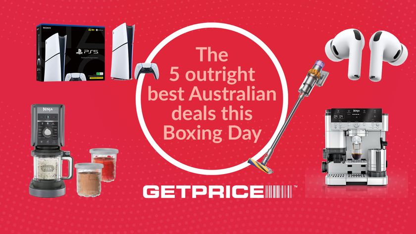 Red background with white writing in the middle that says The 5 outright best Australian deals this Boxing Day with scattered images of products