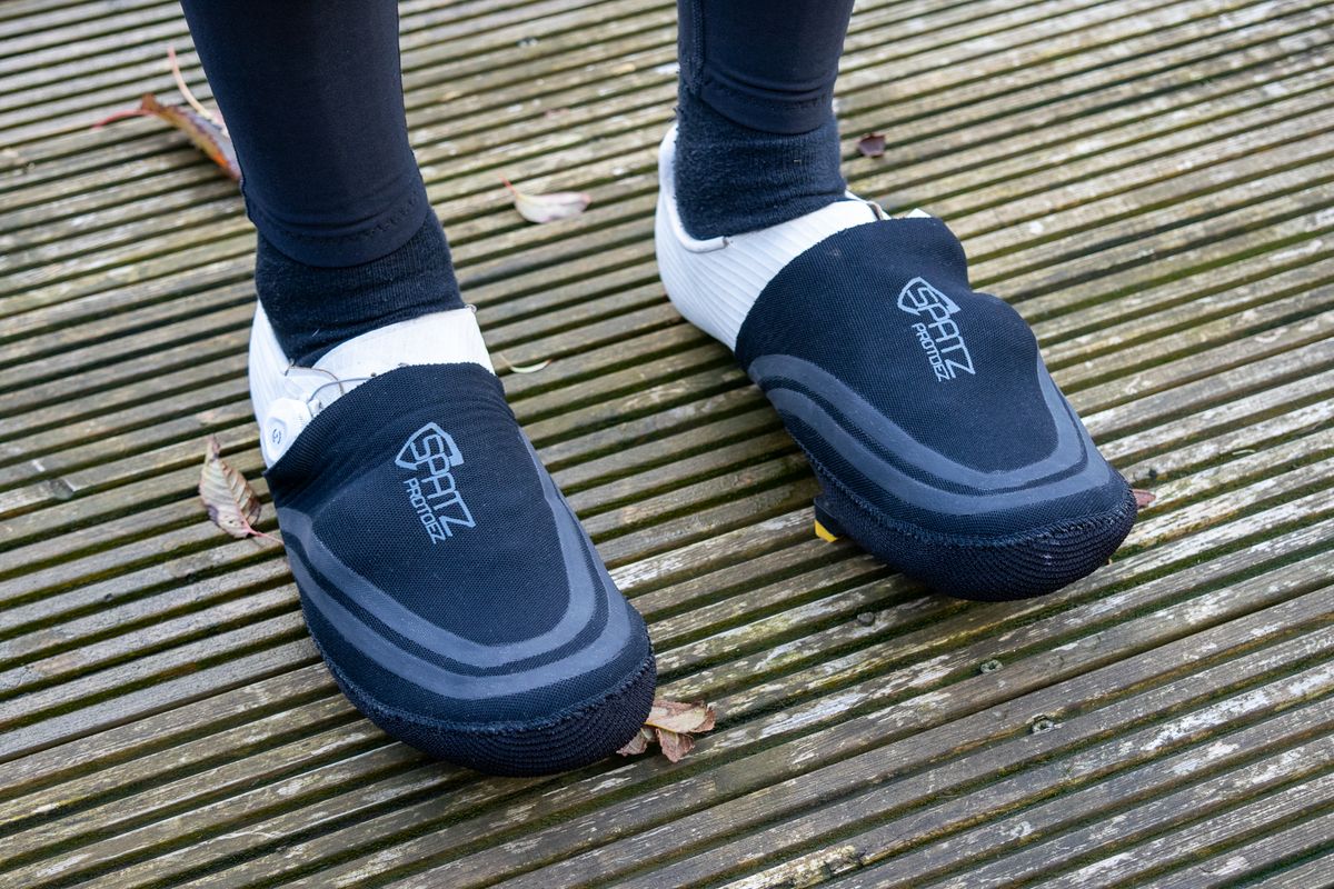 A rider wearing a pair of Spatz Pro Toez toe covers as part of the Pro Stealth system