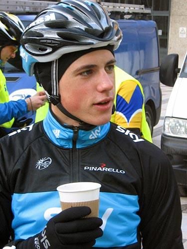 Peter Kennaugh enjoys a cup of coffee in the cold.