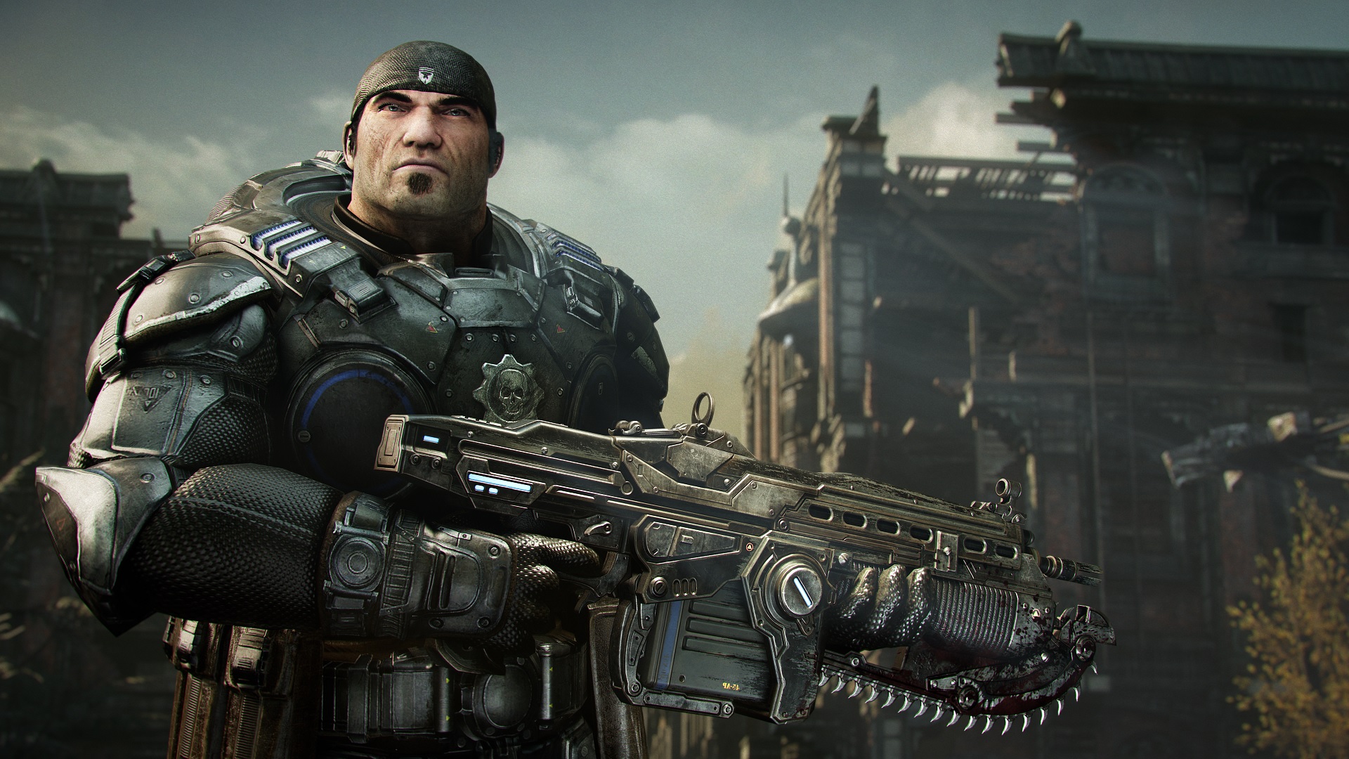 Marcus Fenix holding a Lancer in Gears of War: Reloaded