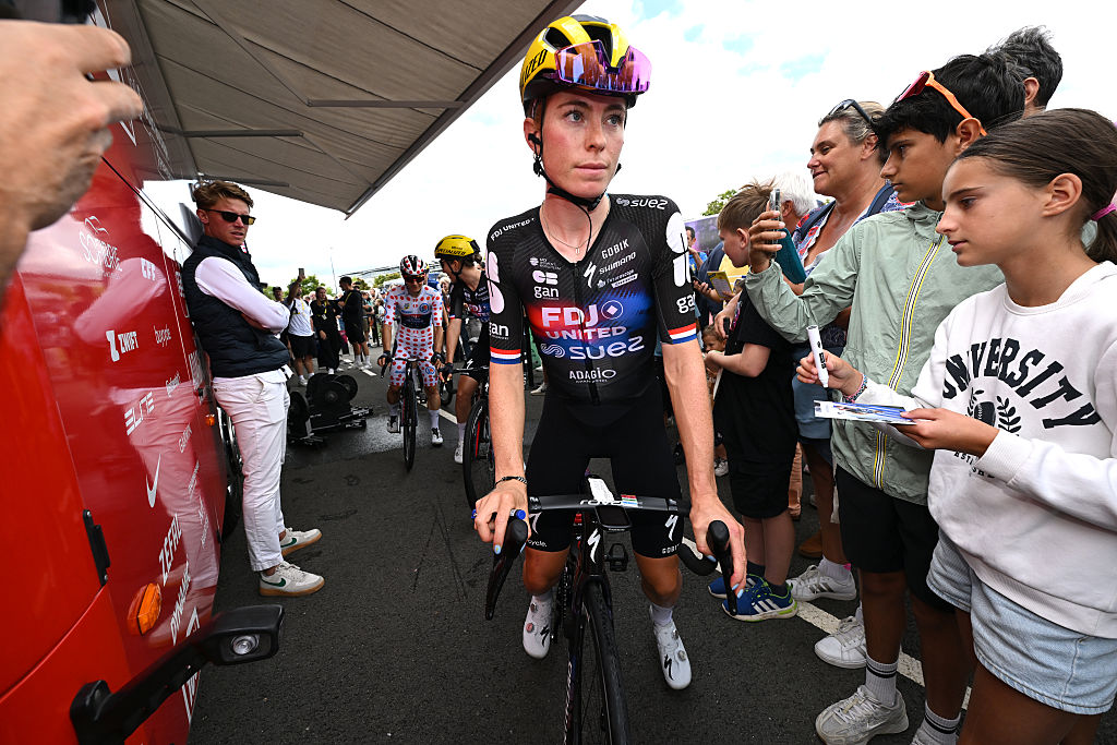 CHASSENEUIL-DU-POITOU, FRANCE - JULY 30: Demi Vollering of Netherlands and Team FDJ - SUEZ prior to the 4th Tour de France Femmes 2025, Stage 5 a 165.8km stage from Chasseneuil-du-Poitou (Futuroscope) to Gueret / #UCIWWT / on July 30, 2025 in Chasseneuil-du-Poitou, France. (Photo by Tim de Waele/Getty Images)