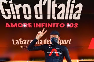 SESTRIERE ITALY OCTOBER 24 Podium Tao Geoghegan Hart of The United Kingdom and Team INEOS Grenadiers Celebration during the 103rd Giro dItalia 2020 Stage 20 a 190km stage from Alba to Sestriere 2035m girodiitalia Giro on October 24 2020 in Sestriere Italy Photo by Stuart FranklinGetty Images