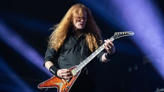 Dave Mustaine of Megadeth seen performing live on stage. Megadeth played London's O2 Arena as Special guests of the Band Disturbed on their 25th Anniversary tour Sick Things