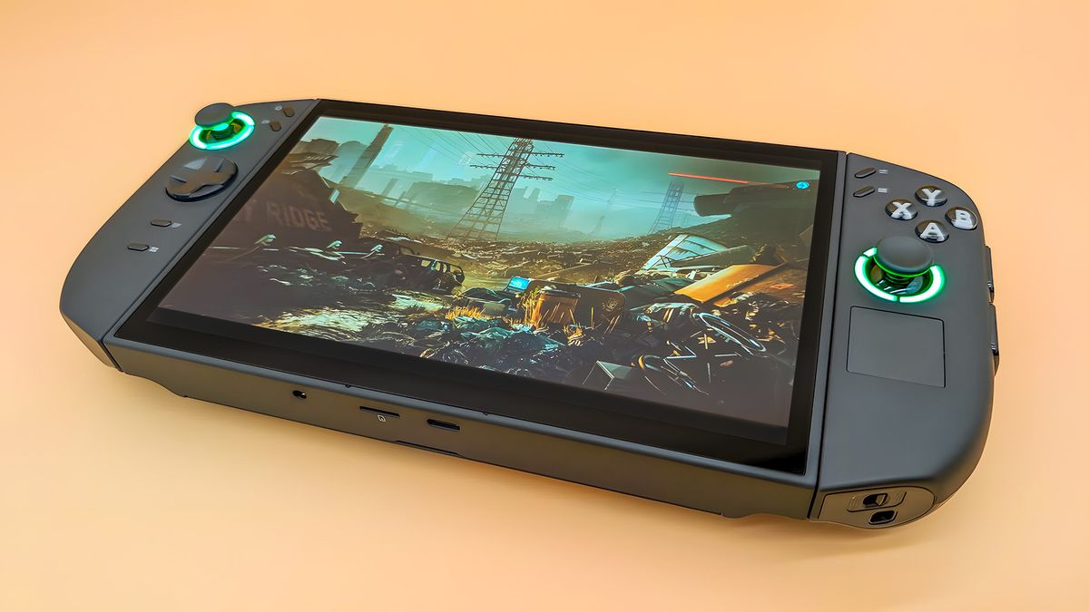 Lenovo Legion Go 2 lying on its back and running Cyberpunk 2077.