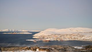 hurtigruten ship Richard With in the distance, moored up at Hammerfest.