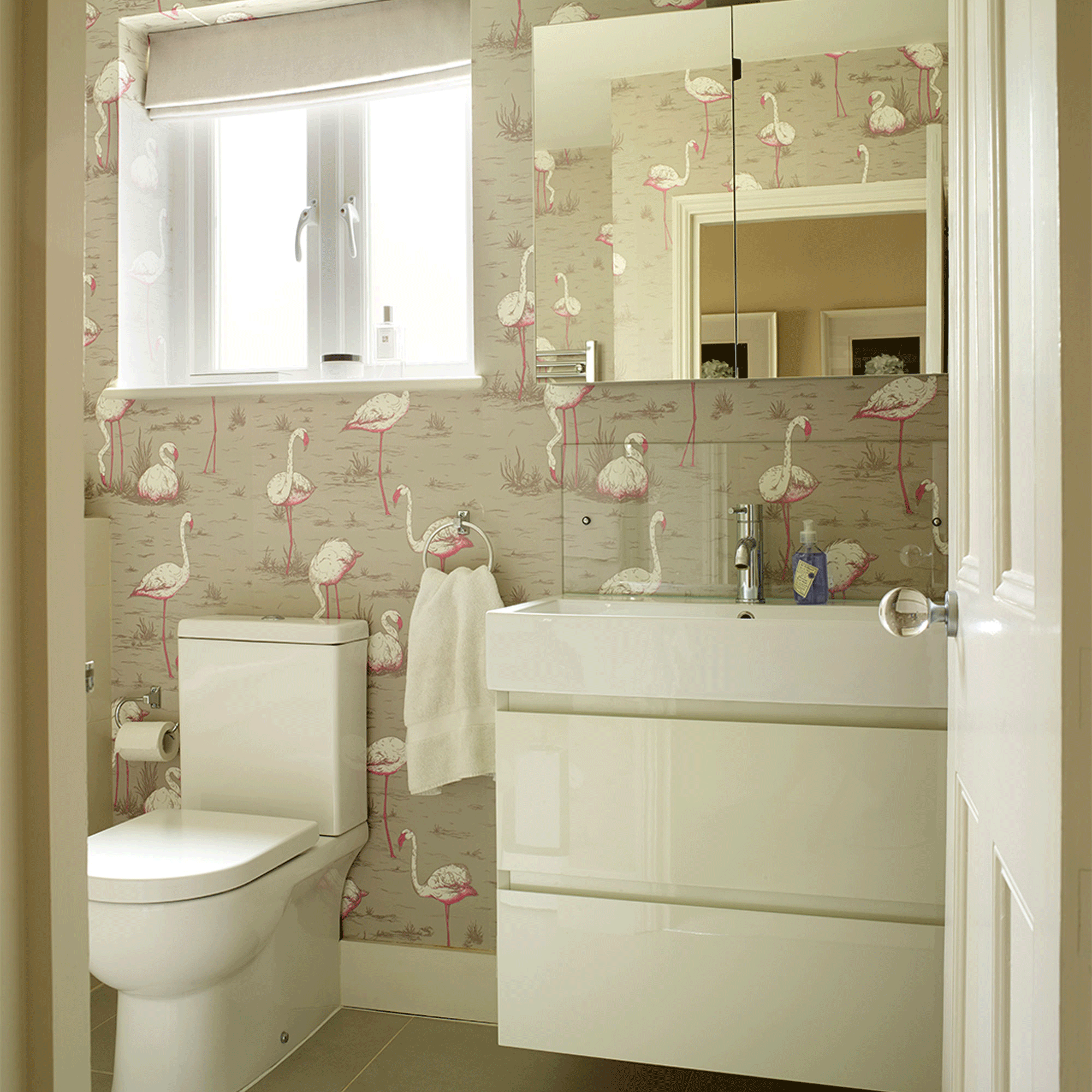 flamingo wallpaper in bathroom