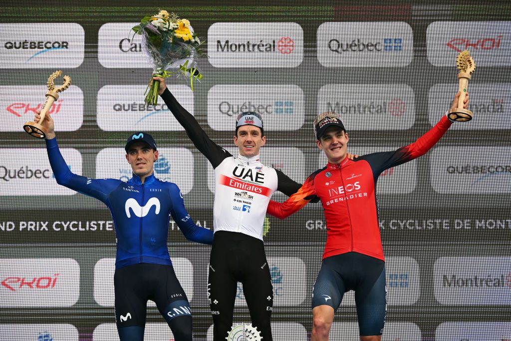 MONTREAL QUEBEC SEPTEMBER 10 LR Alex Aranburu Deba of Spain and Movistar Team on third place race winner Adam Yates of Great Britain and UAE Team Emirates and Pavel Sivakov of France and Team INEOS Grenadiers on second place pose on the podium ceremony after the 12th Grand Prix Cycliste de Montreal 2023 a 2214km one day race from Montreal to Montreal UCIWT on September 10 2023 in Montreal Quebec Photo by Dario BelingheriGetty Images