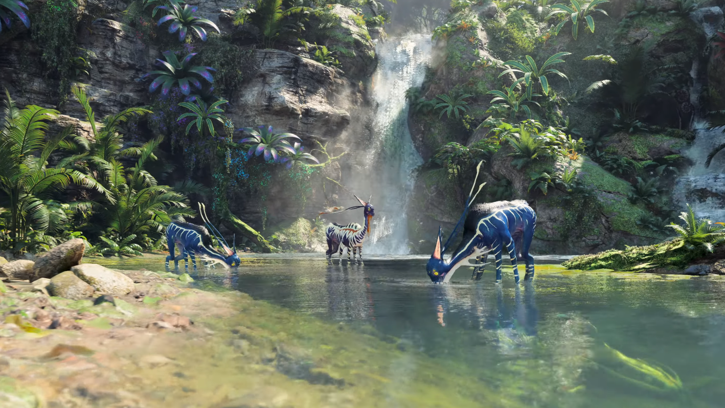 Avatar: Frontiers of Pandora trailer screenshot a scene showing creatures at a watering hole in Pandora