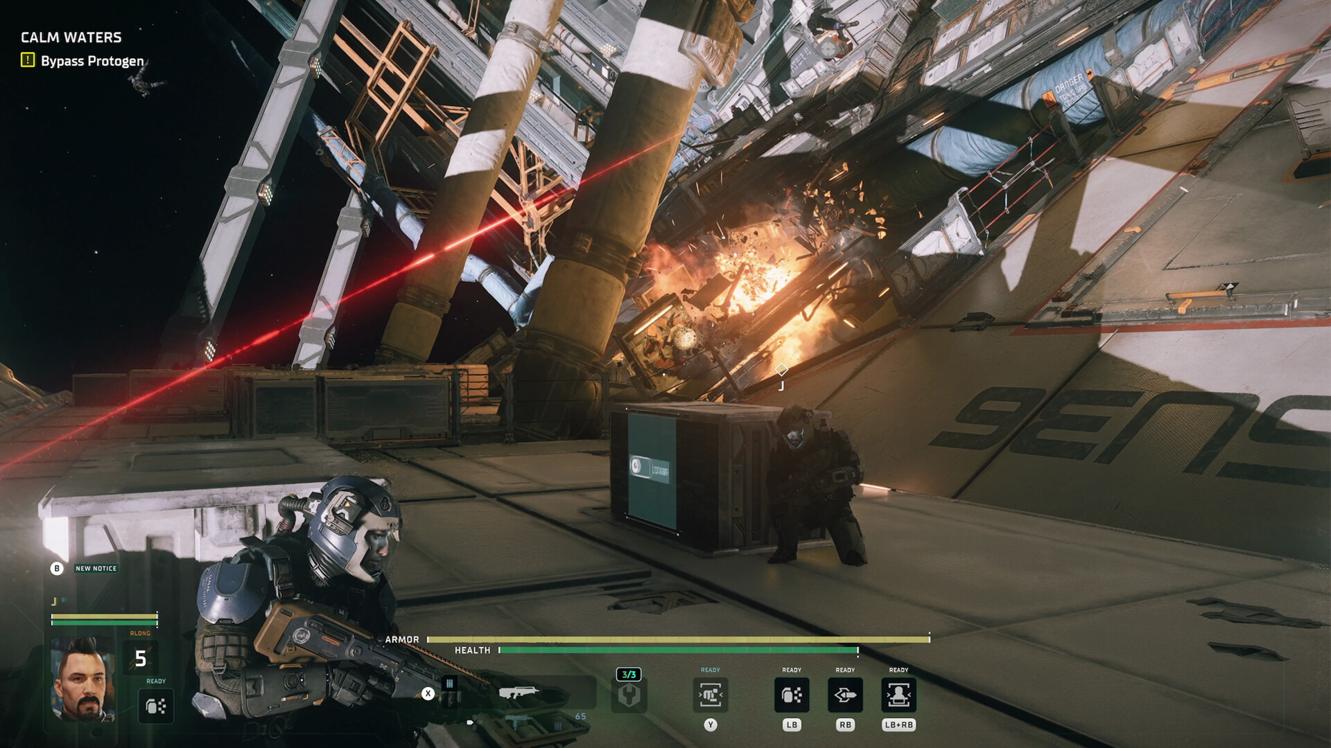 A screenshot from The Expanse Osiris Reborn showing two characters in the middle of a firefight
