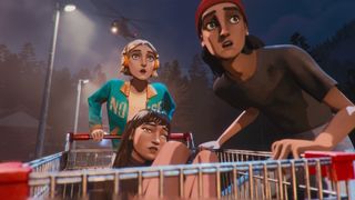 Mixtape screenshot featuring the three main characters pushing a shopping cart while being chased