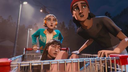 Mixtape screenshot featuring the three main characters pushing a shopping cart while being chased