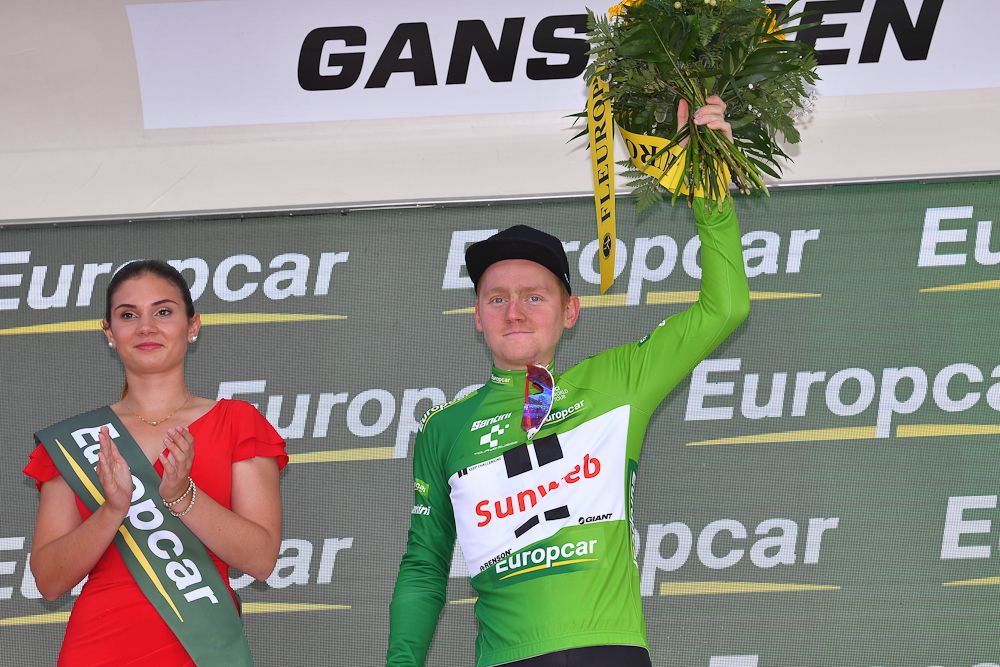 Sam Oomen (Team SunwebI) in the green jersey of the best young rider at the Tour de Suisse