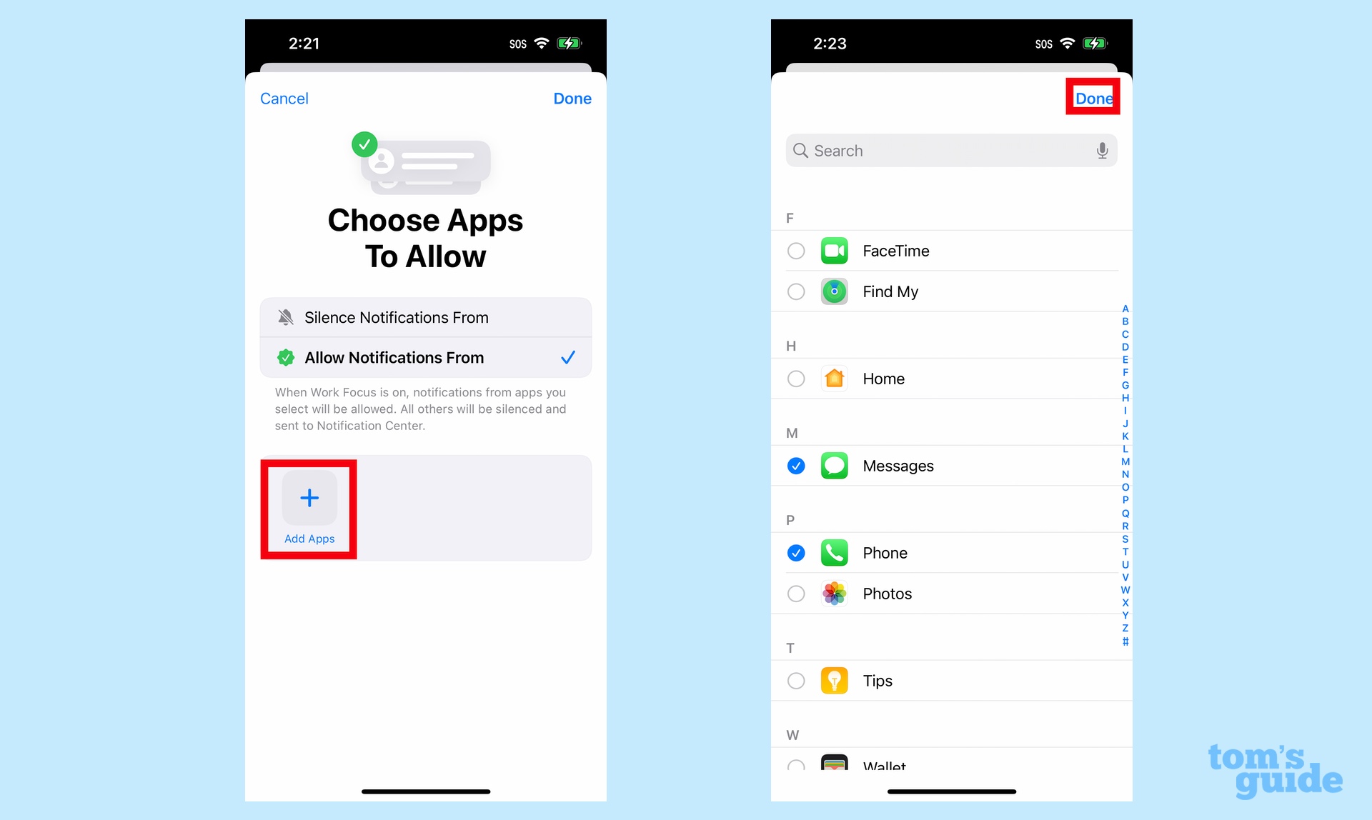Choisissez des applications lorsque vous configurez un mode de mise au point iOS 16