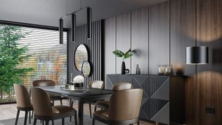 Luxury dining room interior with modern leather chairs and a square dining table.