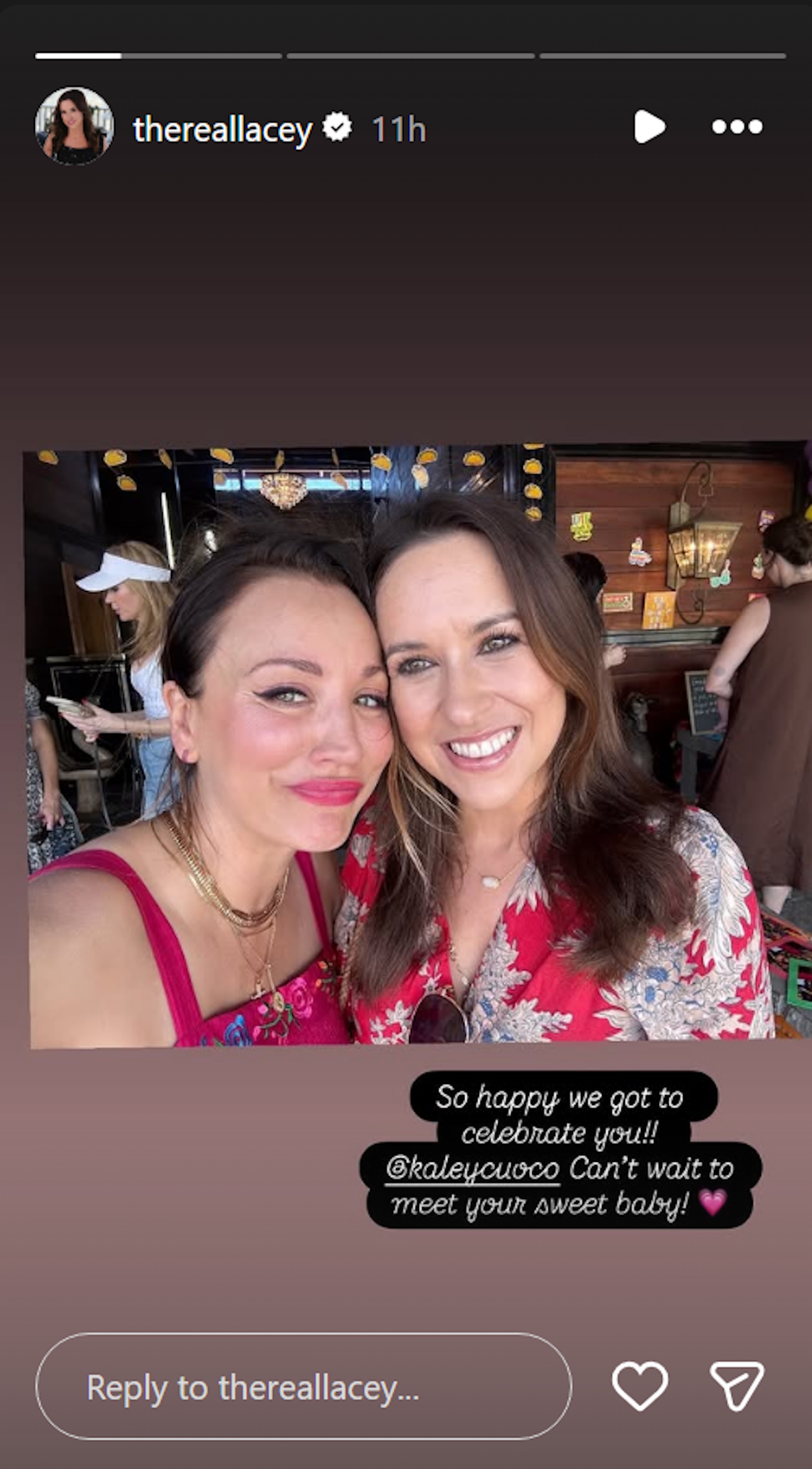 Lacey Chabert shares a selfie and a sweet message with Kaley Cuoco at her baby shower.