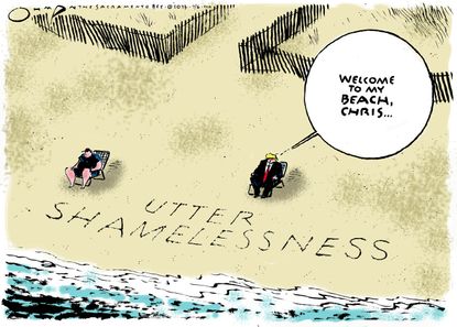 Political cartoon U.S. Chris Christie Donald Trump beach shamelesssness