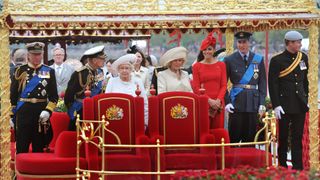 Prince Charles, Prince of Wales, Prince Philip, Duke of Edinburgh, Queen Elizabeth ll, Camilla, Duchess of Cornwall, Catherine, Duchess of Cambridge, Prince William, Duke of Cambridge and Prince Harry on board the royal barge 'Spirit of Chartwell' during the Thames Diamond Jubilee Pageant