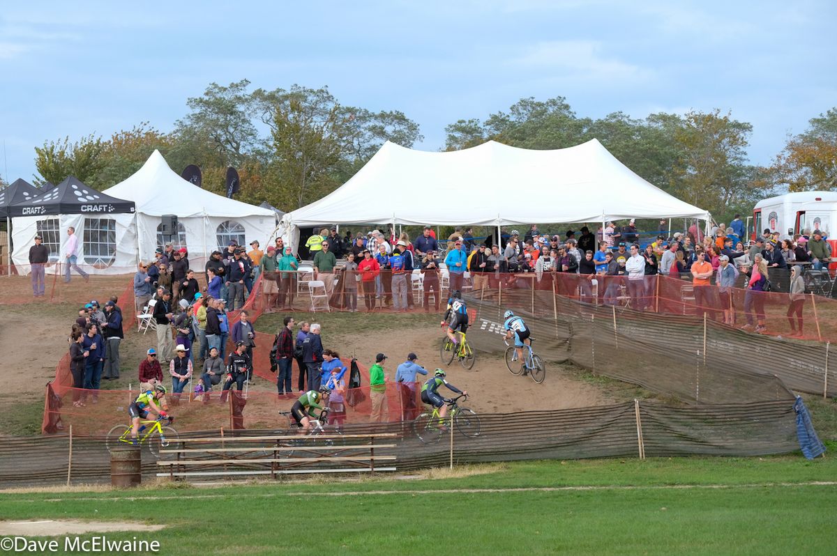 Riders pass through a set of chicanes near the beer tent