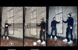 Repeated images of a man standing next to a concrete wall