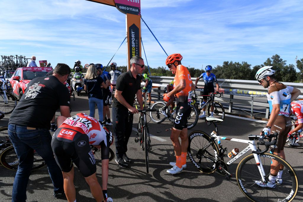 BRINDISI ITALY OCTOBER 09 Carl Hagen Fredrik of Norway and Team Lotto Soudal Pavel Kochetkov of Russia and CCC Team Dylan Sunderland of Australia and NTT Pro Cycling Team Andrea Vendrame of Italy and Team Ag2R La Mondiale Crash Injury during the 103rd Giro dItalia 2020 Stage Seven a 143km stage from Matera to Brindisi girodiitalia Giro on October 09 2020 in Brindisi Italy Photo by Tim de WaeleGetty Images