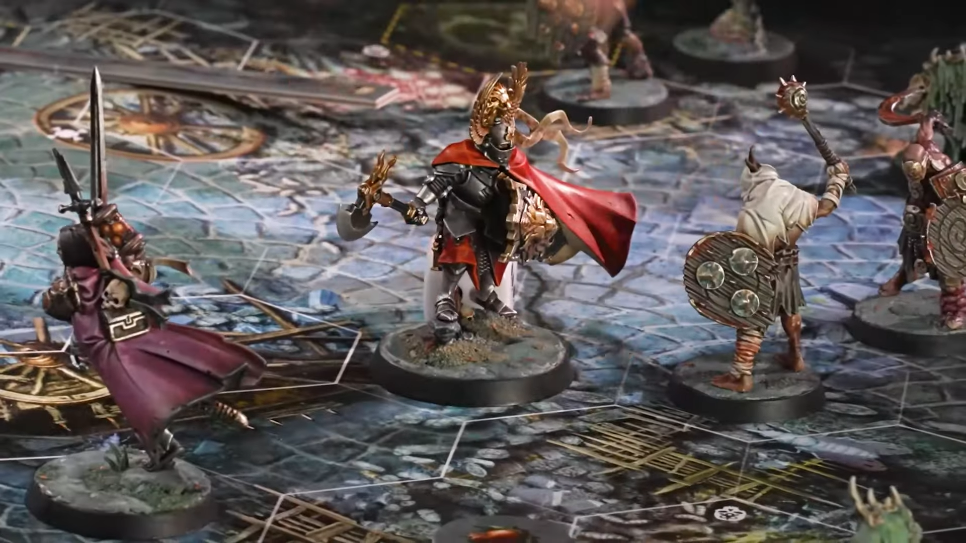 A selection of Warhammer Quest: Darkwater models placed on the board