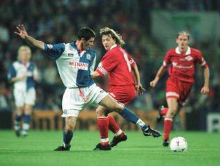 Mike Newell in action for Blackburn Rovers against Spartak Moscow in September 1995.