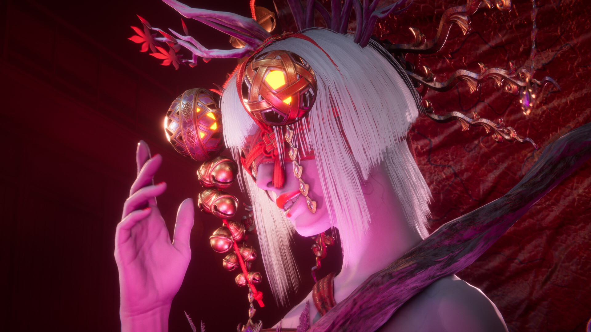 A close-up of a female boss monster in front of a red background during Ninja Gaiden 4.