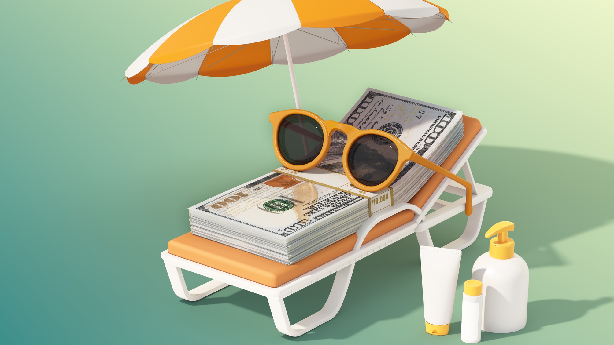 A stack of hundreds wears sunglasses on a lounger under an umbrella like it's at the beach.