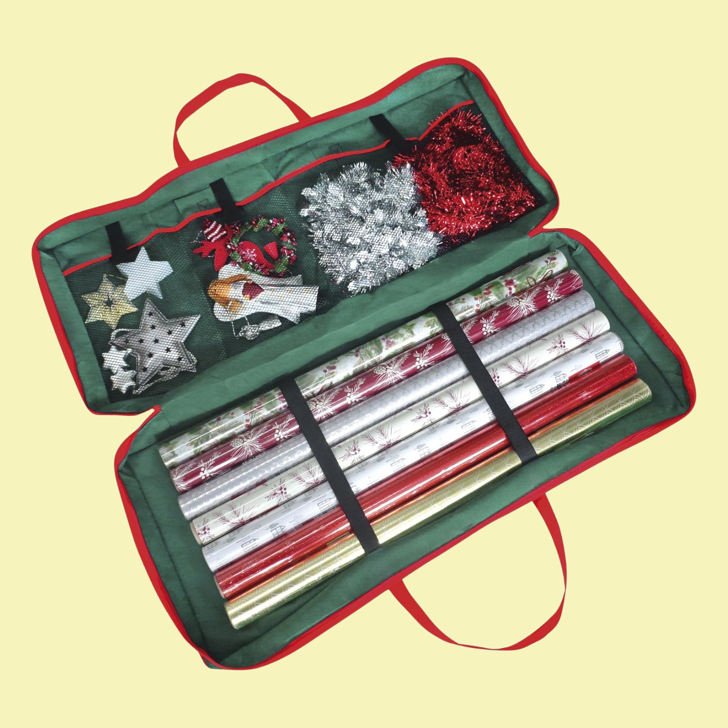 A red and green Christmas gift wrap bag