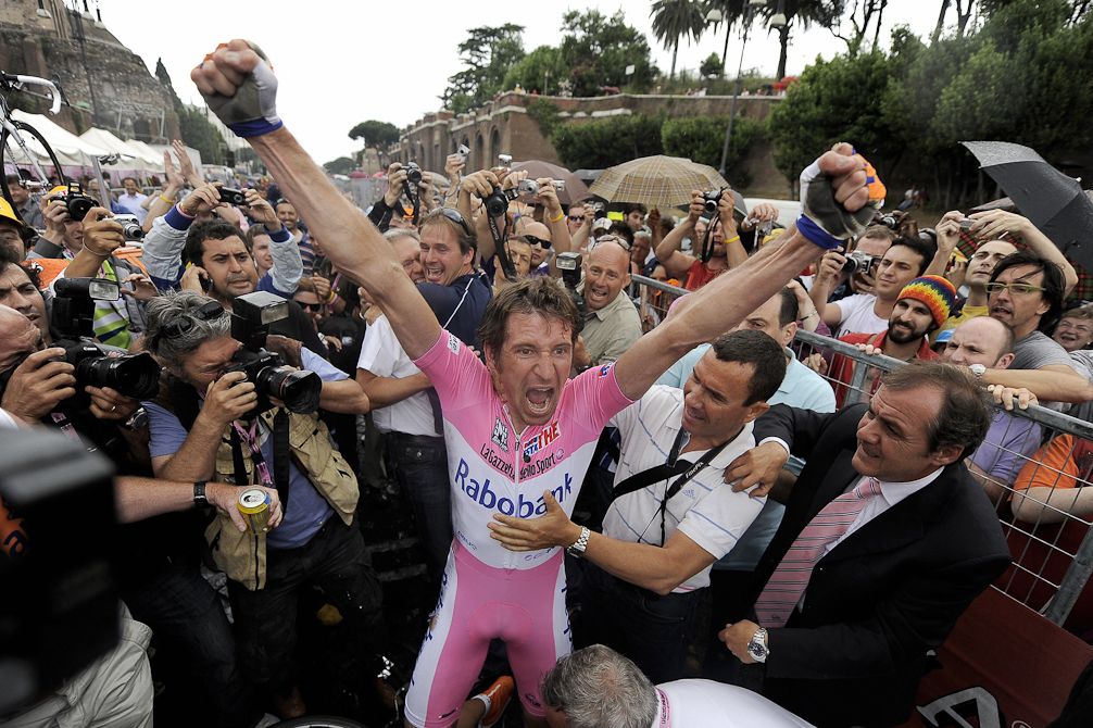 Denis Menchov (Rabobank) celebrates winning the 92nd Giro d'Italia in 2009.