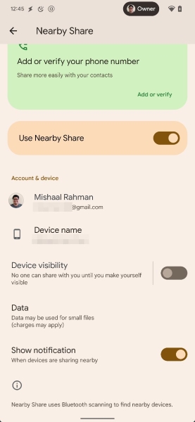New Nearby Share device visibility toggle