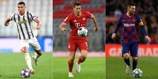 Composite image of Cristiano Ronaldo at Juventus, Robert Lewandowski at Bayern Munich and Lionel Messi at Barcelona ahead of FIFA's The Best awards in December 2020.