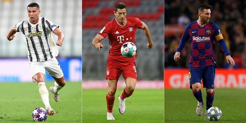 Composite image of Cristiano Ronaldo at Juventus, Robert Lewandowski at Bayern Munich and Lionel Messi at Barcelona ahead of FIFA&#039;s The Best awards in December 2020.