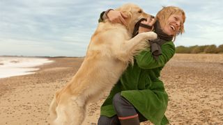 Dog jumping up on woman on the beach